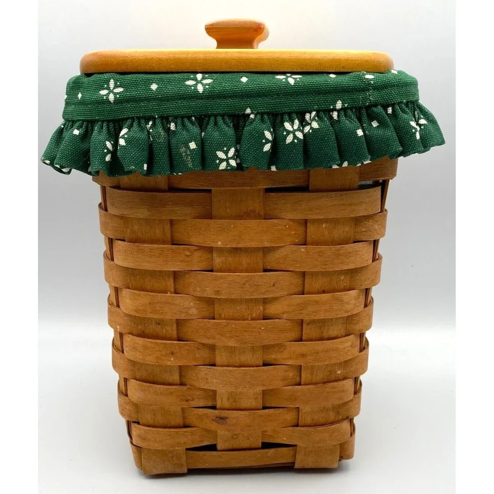Longaberger Baskets Green Liner Protector Wooden Lid Basket 9
